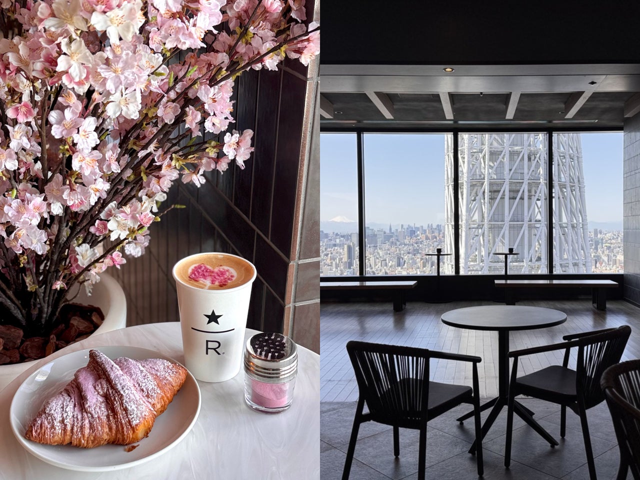 桜色のラテとクロワッサン、窓辺のカフェ席